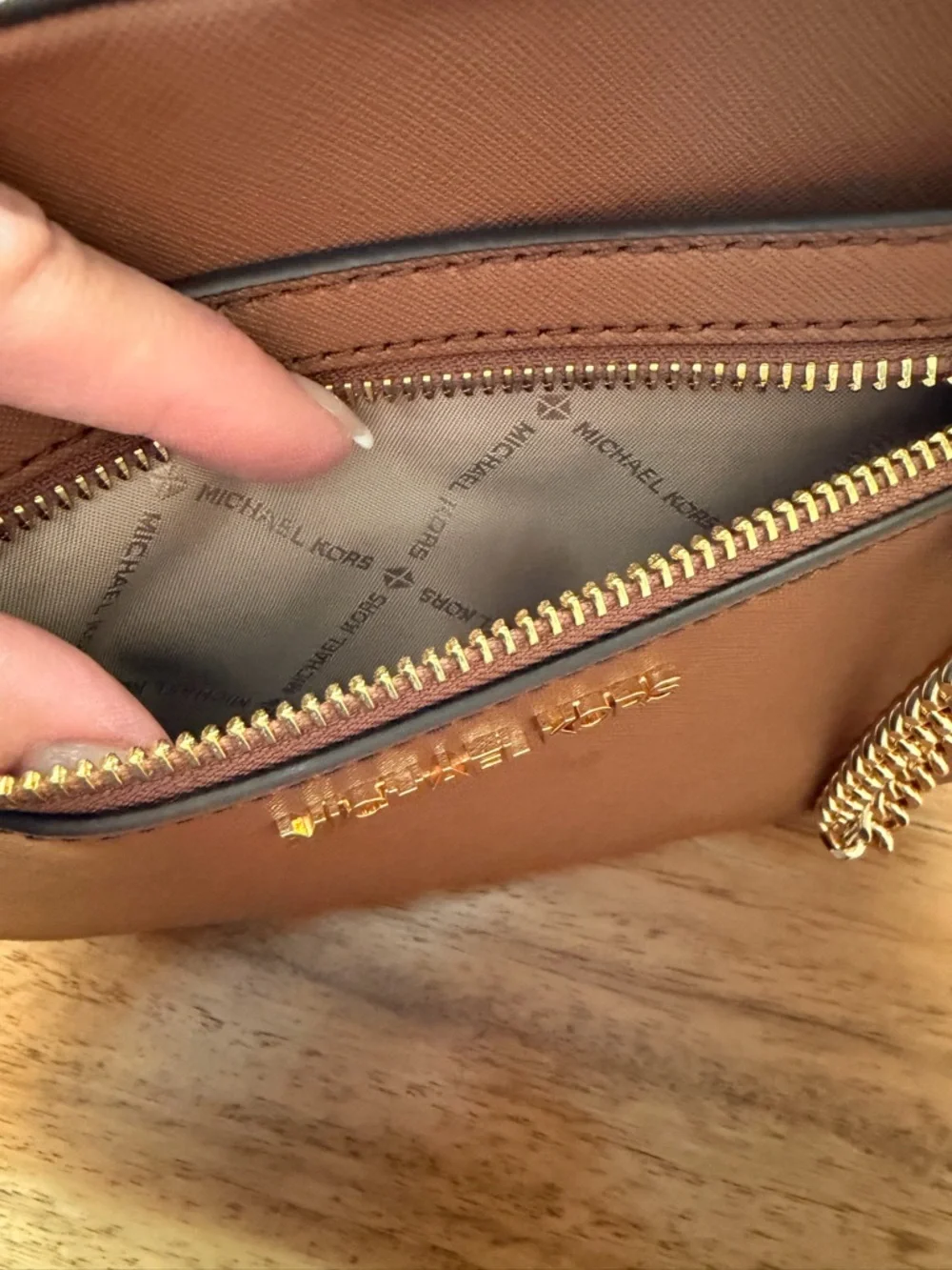 Michael Kors Tan Saffiano Leather Crossbody with Gold Chain